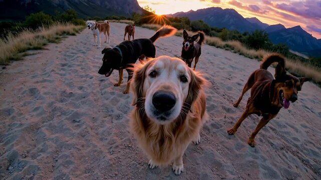 Dog snout reaches camera playfully. Fun group of dogs in nature scene. Happy dog energy fills moment. Pet faces in sunset glow. Dog crowd runs with joy. Friendly animals in mountain nature fun.