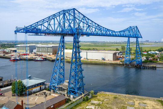 Middlesbrough Transporter Bridge spanning the River Tees in Teesside, England, showcasing historic industrial engineering.