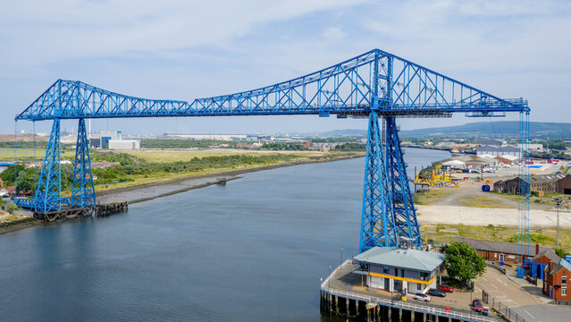 Middlesbrough Transporter Bridge spanning the River Tees in Teesside, England, showcasing historic industrial engineering.