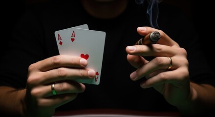 Hands holding two aces playing cards and lit cigar against black background