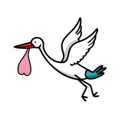 Stork flying with a pink baby bag, playful illustration on a white background
