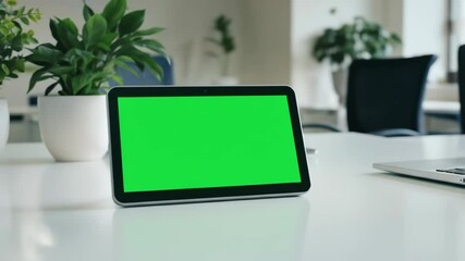 Modern tablet with green screen on office table technology business presentation display product