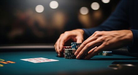 Fototapeta premium Hands stacking poker chips and playing cards on casino table