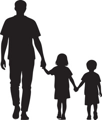 Silhouette of Father Walking with Two Daughters Holding Hands Depicting Family Bond and Parenthood Isolated on White