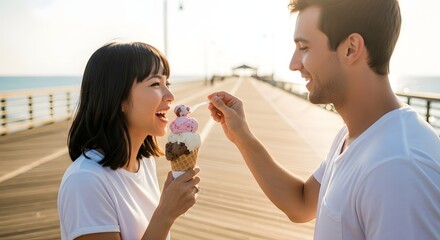 A couple sharing ice cream on a pier with the woman taking a bite and the man holding the cone out 100