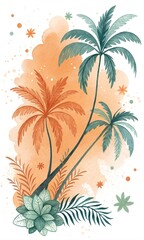Obraz premium Watercolor painting of tropical palm trees with floral and decorative elements