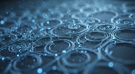 Abstract blue network of interconnected circles with glowing particles, technology concept