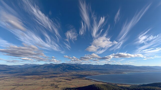 Clear blue sky with scattered white clouds, a serene and boundless horizon