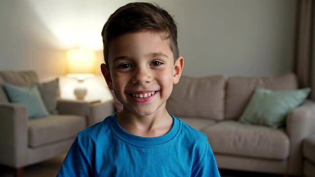 there is a young boy smiling while holding a remote control