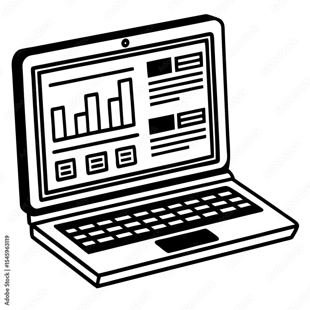 Poster laptop computer displaying business data and graphs