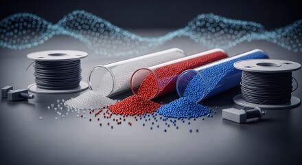 Red, white and blue plastic granules fall out of three round test tubes on a white table with a background of nanotechnology
