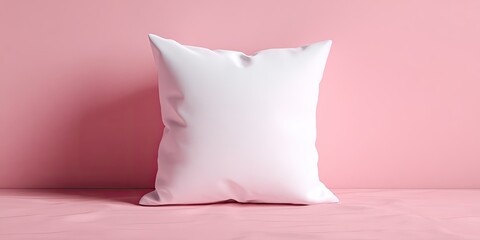 A pristine white pillow rests on a pale pink surface against a matching pink wall, creating a minimalist, clean aesthetic