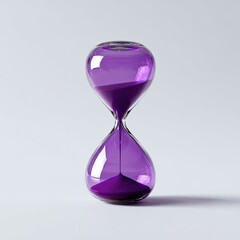 A purple hourglass, mostly filled, sits on a light grey background, casting a subtle shadow; its translucent glass allows the purple sand to be visible