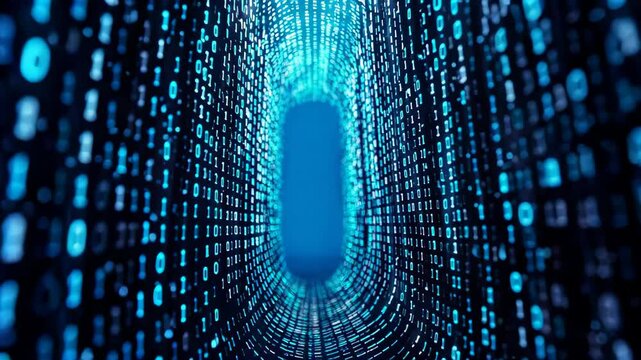 a blue tunnel of binary code in a dark room