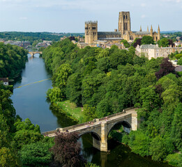 Durham city centre on a sunny day, aerial view of the north east city showing the river, cathedral and centre of the historic city in england