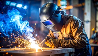 Welder working with sparks and flames.