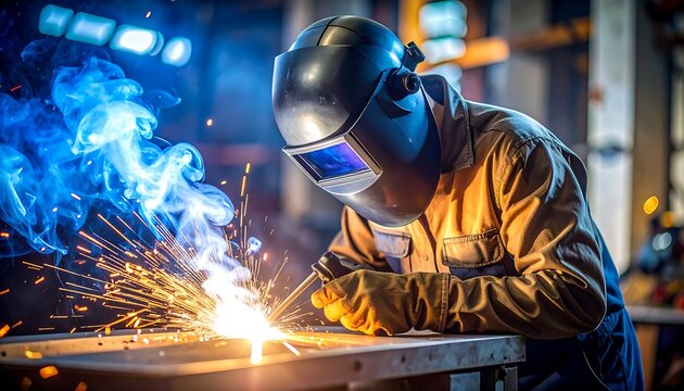 Welder working with sparks and flames.