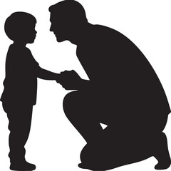 Silhouette of Father Kneeling and Holding Hands with His Young Son Sharing a Special Moment Together