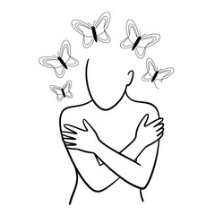 Woman Embracing Herself with Butterflies Symbolizing Transformation and Personal Growth