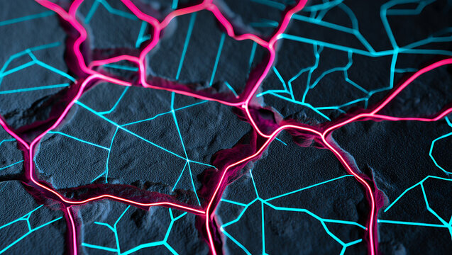 Abstract glowing network background with cracked surface and neon lights