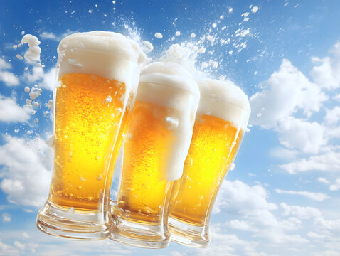 青空の下で乾杯する三杯のビールと爽快に泡がはじける瞬間