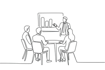 One Line Drawing of Business Presentation with Graph and Team