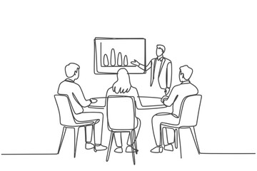 Line Art Illustration of Business Meeting with Presentation of Growth Chart