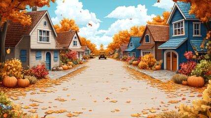 Autumnal neighborhood street scene with charming homes.
