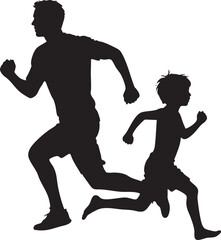 Silhouette of a Father and Son Running Together Depicting Family Fitness and Generational Bonding in Black and White