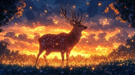 Majestic deer at sunset in a field of wildflowers.