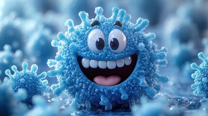 Light blue cartoon virus with a happy expression.