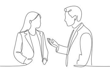 Continuous line drawing of business people in conversation facing each other