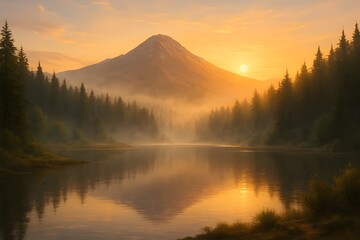 Peaceful Sunset Over Mountain Lake with Mist and Forest Reflection