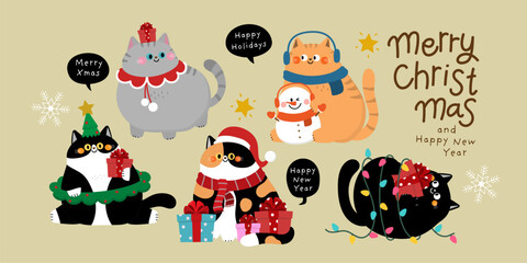 Merry Christmas and happy new year greeting card with cute fluffy cat wear winter costume. Animal holidays cartoon character. Funny kitten set. -vector  © Dusida