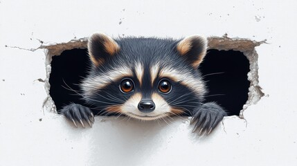 Curious raccoon peeking through a hole in a wall.