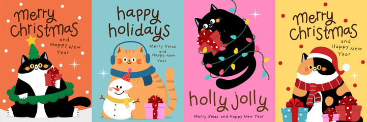 Merry Christmas and happy new year greeting card with cute fluffy cat wear winter costume. Animal holidays cartoon character. Funny kitten set. -vector
