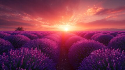 Lush lavender field at sunrise.