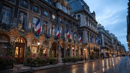 Fototapeta premium Twilight view of a Parisian boulevard with historic buildings and rows of French flags, reflections shimmering on the wet pavement after a summer rain