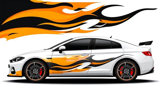 White sports car with flame decals.