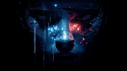 Robotic face with circuit patterns and glowing particles in red and blue color scheme.
