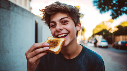 teen boy eating slice of yeast spread and butter spread on toast outside