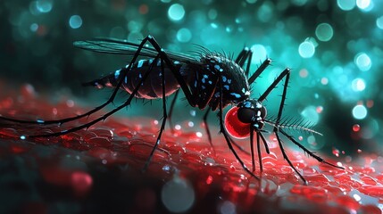 Close-up of a mosquito feeding on a surface.