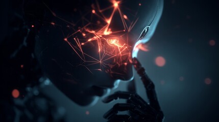 Obraz premium Humanoid robot thinking hard with neural network concept in glowing lines. 