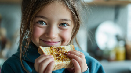 girl eating slice of vegemite and butter spread on toast for breakfast