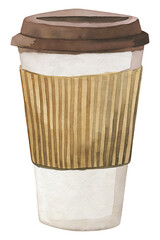 Watercolor coffee cup with sleeve on transparent background.