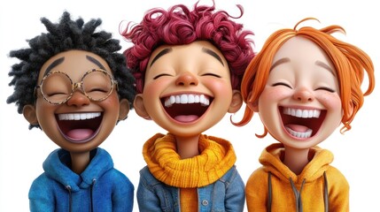 Three cartoon children joyfully laughing.