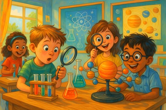 Kids Exploring Science in a Fun Classroom with Experiments and Solar System Model - Powered by Adobe