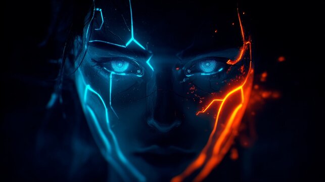 Glowing cybernetic woman face with futuristic blue and orange neon accents on a black background.