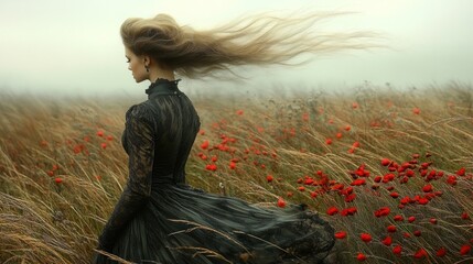 A woman in a flowing black dress amidst a field of red poppies.