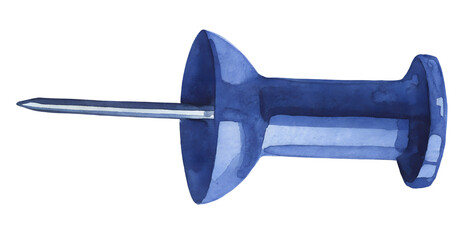 Watercolor illustration of a blue push pin on transparent background.